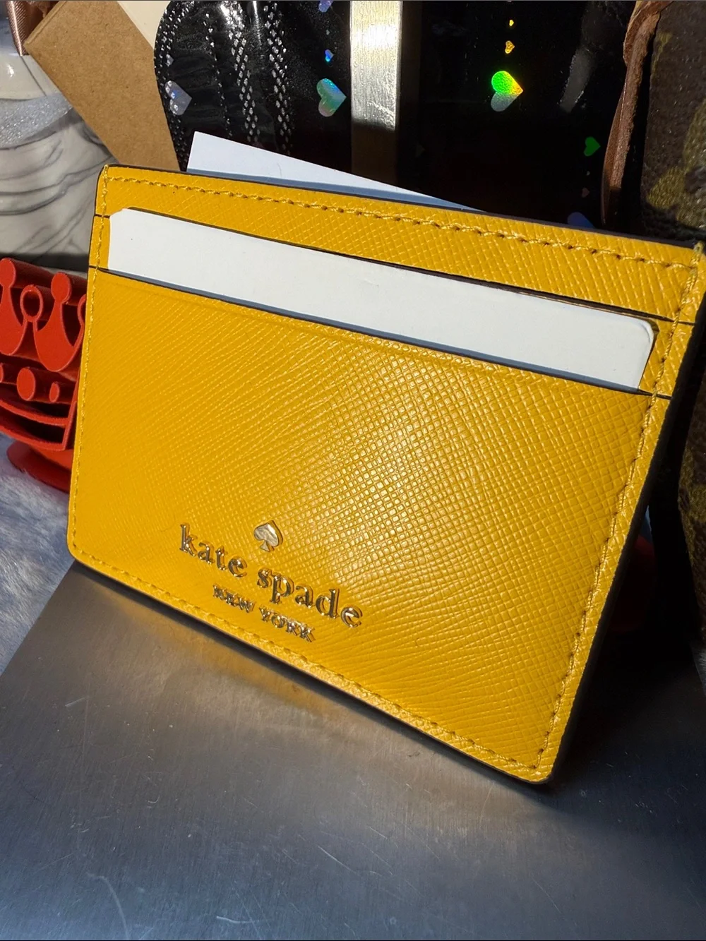 kate spade Bright Yellow Saffiano Leather Card Holder with Gold Logo
